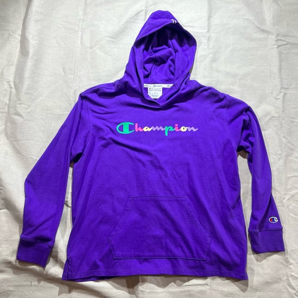Men’s Retro Y2K Purple Champion Multicolored Logo Hoodie Size L - Picture 1 of 6